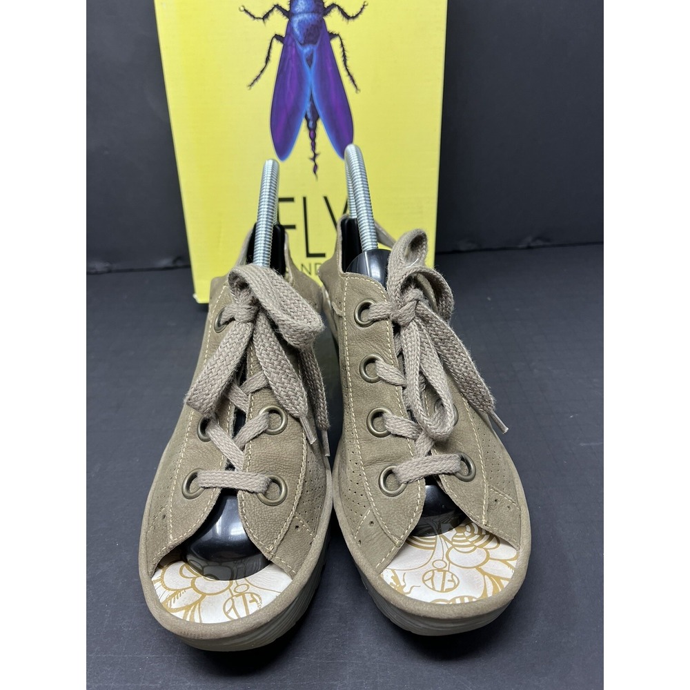 FLY LONDON YUTA CUPIDO Open Toe Lace Up Wedge Sandles Khaki Womens 41 US 10 - Picture 2 of 9